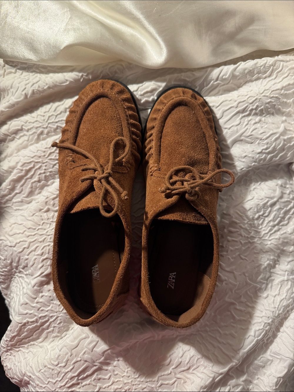 Zara Brown Soft Suede Laced Loafers